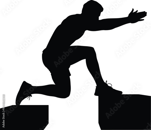 Athletic man jumping over box silhouette