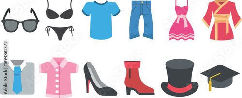Clothing and fashion accessories icons including shirts, dresses, shoes, hats, and sunglasses. Stylish outfit symbols for design, retail, and digital use. Collection of trendy wear items.