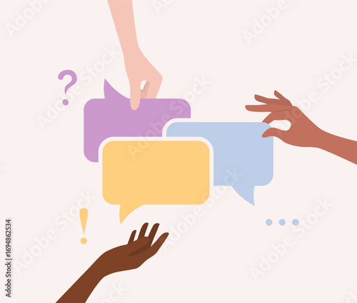 Hands of people of different nationalities and skin tones holding colorful speech bubbles. Flat vector illustration