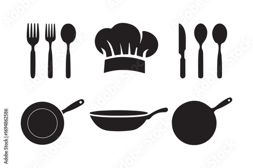 Silhouette collection of culinary tools and chef hat