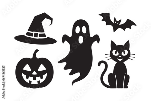 Halloween icons silhouette collection with pumpkin ghost cat and bat