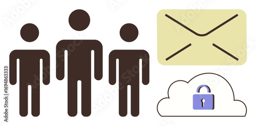 Three individuals next to an email envelope and a cloud with a padlock. Ideal for communication, teamwork, security, data protection, privacy, cloud computing, online services. Simple flat metaphor