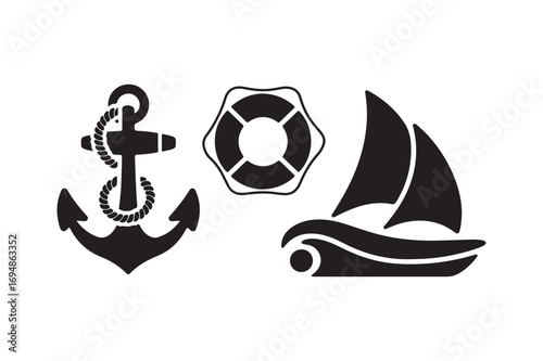 Nautical icons anchor lifebuoy sailboat silhouette set