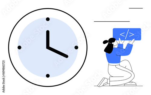 Large clock alongside a person holding a code panel highlights coding, deadlines, productivity, and focus. Ideal for coding, time management, project planning, teamwork, agile workflow productivity