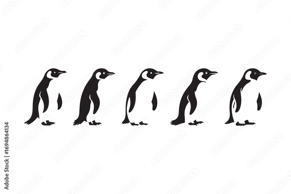 Naklejka premium Five black and white penguins standing in a row