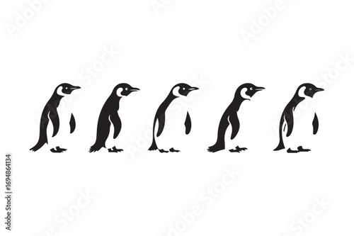 Five black and white penguins standing in a row