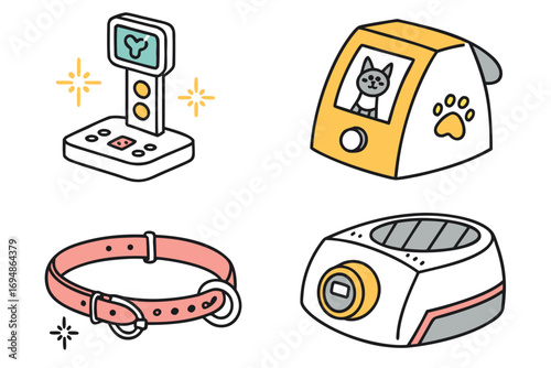 Vector art of smart pet gadgets and devices for pet care