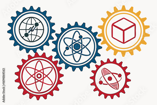 Vector art of colorful cogs and gears with science and technology icons on white
