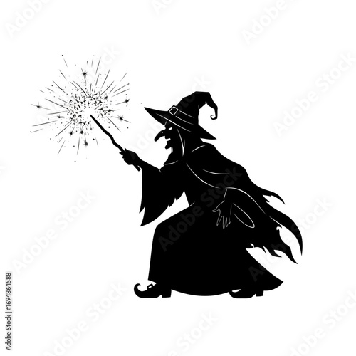 Silhouette of a witch casting a spell with a wand and magical sparks