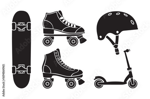 Silhouette of skateboarding and roller skating gear