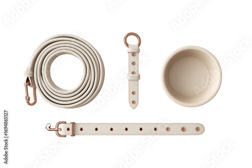 Rolled white leather dog leash collar and bowl with rose gold hardware isolated on a transparent background