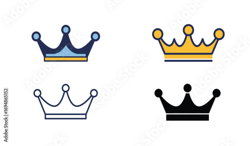 Set of four crown icons featuring different styles and colors representing royalty power leadership and authority white background
