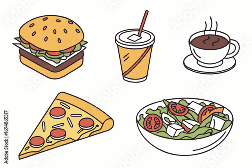 Vector art of junk food icons with burger, pizza and salad