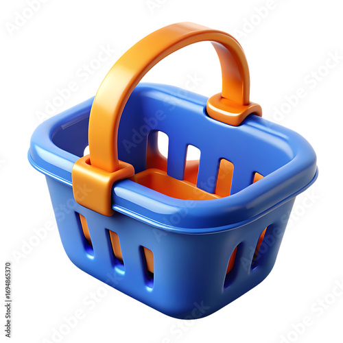 Vibrant Blue and Orange Toy Shopping Basket on a Black Background Perfect for Childlike and Retail Themed Designs