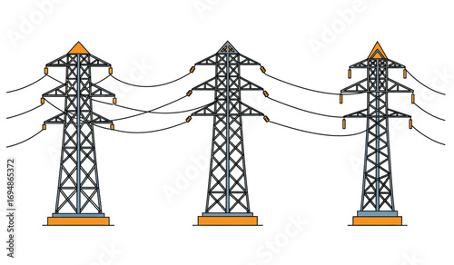 Electric power transmission towers connected by overhead power lines showing industrial energy infrastructure and grid systems white background