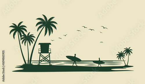 Tropical beach sunset silhouette with palm trees lifeguard tower surfer and birds flying overhead white background