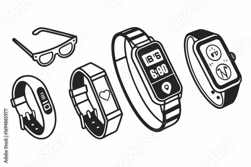 Vector art of set of smart watches and fitness trackers