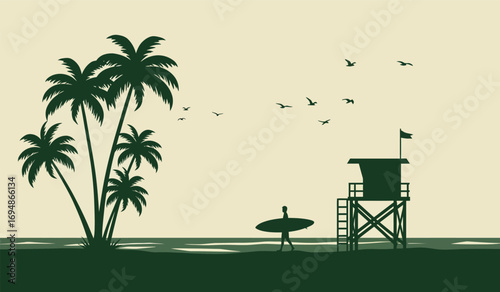 Serene tropical beach scene silhouette with palm trees lifeguard tower surfer and birds flying in the sky white background