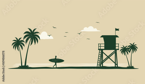 Serene beach scene with lifeguard tower palm trees and surfer under cloudy skies evoking tropical relaxation white background