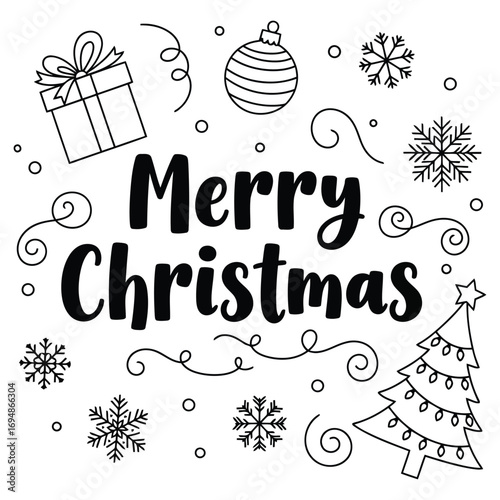 “Merry Christmas” Black and White Line Art with Tree, Gift, Ornament, Snowflakes, and Swirls – Minimalist Holiday Design for Cards and Seasonal Decor