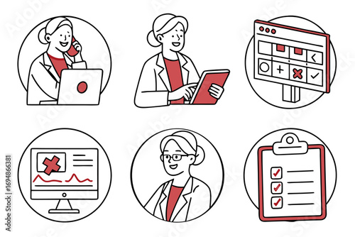 Vector art of set of medical icons with doctor and nurse