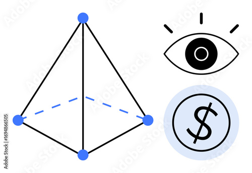 Minimalist pyramid with blue vertices, single eye for vision, and dollar sign in circle for financial focus. Ideal for business, strategy, innovation, insight, finance planning optimization. Simple