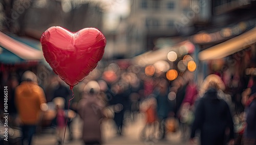 Heart-shaped balloon in a bustling market