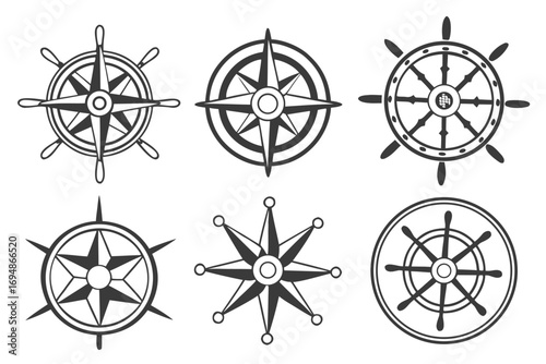 Vector art of collection of nautical star and ship wheel designs