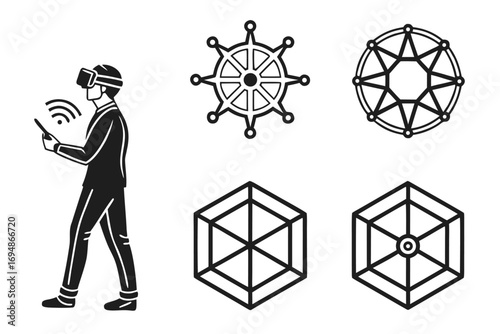 Vector art of man in vr glasses with tablet and abstract geometric shapes