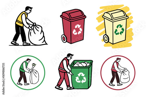 Vector art of garbage collection worker and recycle bin