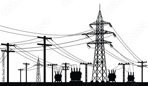 High voltage electrical transmission towers and power lines grid network infrastructure silhouette industrial power transmission system overhead electricity supply white background