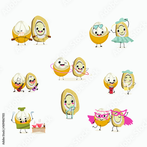 Platonia insignis, bacuri, funny characters, hand drawn vector illustration.