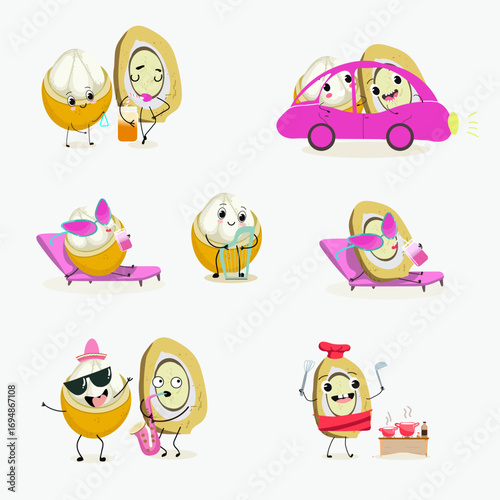 Platonia insignis, bacuri, funny characters, hand drawn vector illustration.