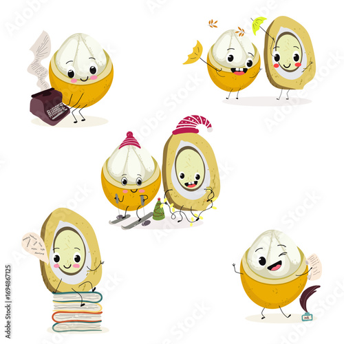 Platonia insignis, bacuri, funny characters, hand drawn vector illustration.
