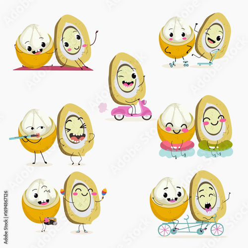 Platonia insignis, bacuri, funny characters, hand drawn vector illustration.