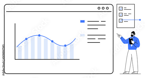 Professional pointing at chart with line graph and data on screen, small checklist nearby. Ideal for data analysis, business growth, strategy planning, presentation, reporting, productivity, flat