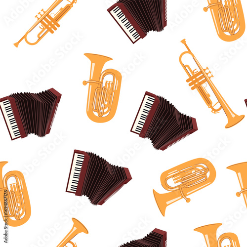Repeating design of brass instruments and accordions in bold colors on white background Perfect for music themed packaging textiles posters and party decor