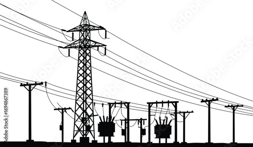 High voltage electricity transmission towers power lines substations and transformers for energy distribution network infrastructure white background