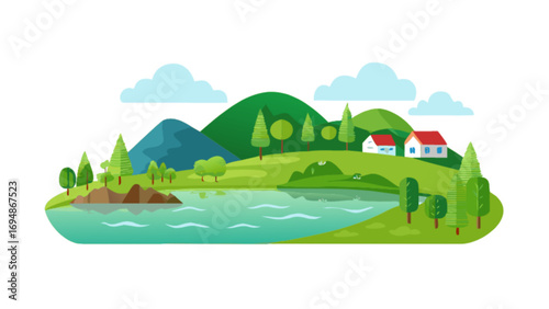 Scenic vector landscape illustration with lake houses mountains and trees for graphic design projects use one hundred