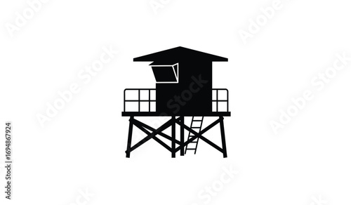 Silhouette of a wooden lifeguard tower with platform stairs and window for beach safety and outdoor recreation scenes white background