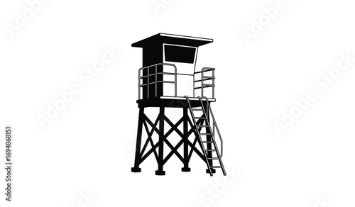 Black silhouette of a tall lifeguard tower with stairs and platform detailed structure for beach safety and surveillance iconic summer structure white background