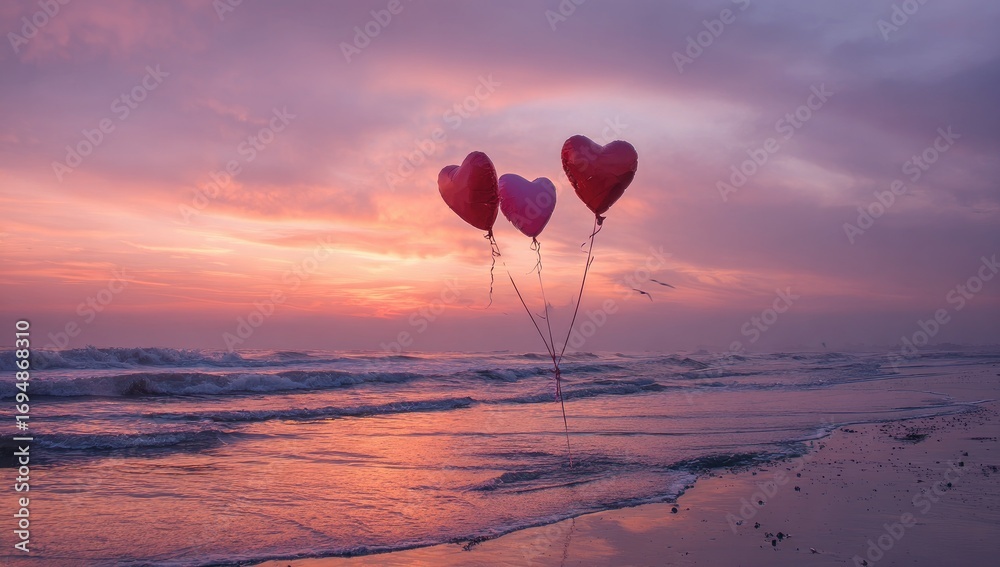 Fototapeta premium Heart-shaped balloons float over a serene beach at sunset