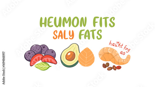 Healthy fats food illustration featuring avocado nuts and berries for nutrition and diet infographic use