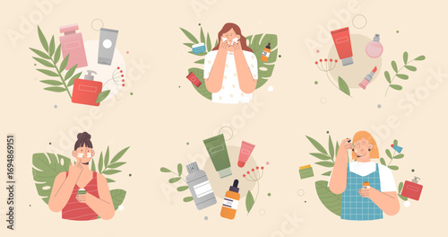 Collection of Skincare and Beauty Routine Scenes