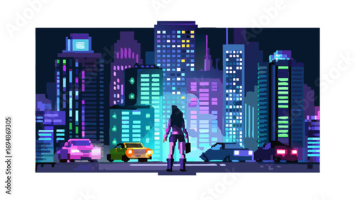 Pixel art cityscape illustration of a woman in a futuristic city with neon lights and pixel cars scene