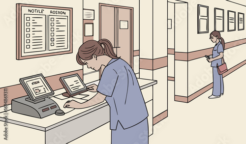 “A nurse station in a busy hospital corridor with nurses checking patient files, updating records on computers, and answering phones. The station has notice boards, file cabinets, and medical charts o