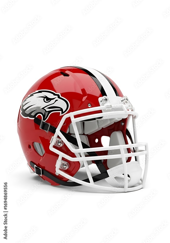 Fototapeta premium A glossy, red football helmet, featuring a white facemask and team , is presented on a white background.