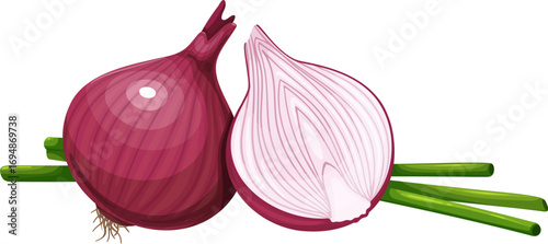 Red onion vegetable, whole and half with green chives