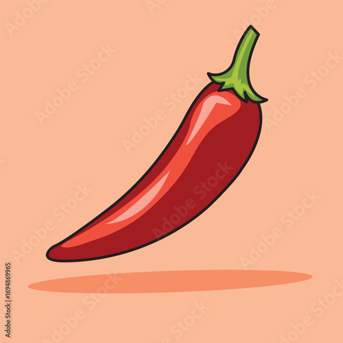Hot Pepper Red with Shadow and Green Stalk Illustration