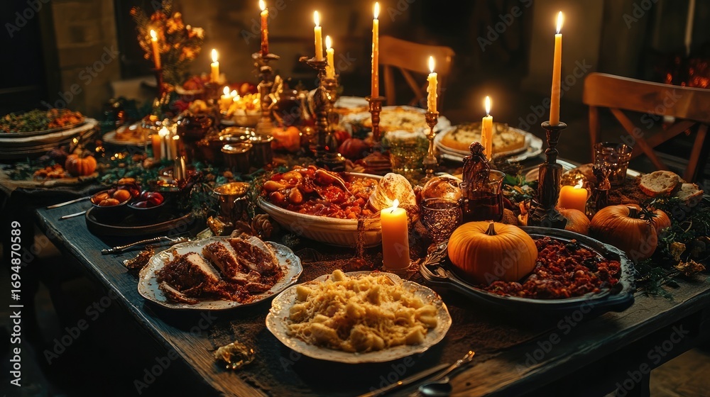 Fototapeta premium A festive table covered in autumn-themed dishes, candles, and pumpkins glows in dim light. The setting suggests a harvest or Halloween feast with rustic elements. Generative by AI